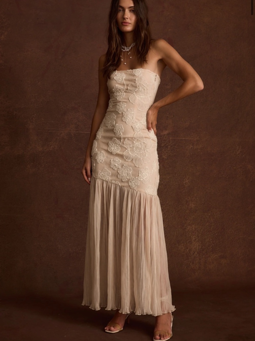 12th Tribe Strapless Lace-Appliqué Maxi Dress in Cream
